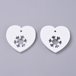 White Natural Poplar Wood Pendants, Spray Painted, for Christmas, Heart with Snowflake, White, 27.5x28.5x2.5mm, Hole: 2.5mm