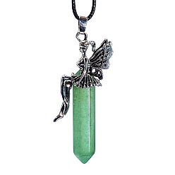 Green Aventurine Natural Green Aventurine Pointed Faceted Bullet Big Pendants, Butterfly Angel Charms, with Platinum Tone Alloy Findings, 68x36x13mm