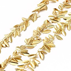Real 18K Gold Plated Brass Leaf Link Chains, with Spool, Unwelded, Long-Lasting Plated, Lead Free & Cadmium Free, Real 18K Gold Plated, Link: 5x3.5x0.5mm, 5m/roll
