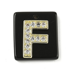 Letter F Природные подвески обсидиана, прямоугольные подвески с латунной микропаве прозрачной кубической циркониевой буквой, реальный 18 k позолоченный, долговечный, стойки покрытие, Буква F, 21x18x5 мм, отверстие : 1.4 мм