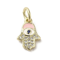Pink Brass Micro Pave Cubic Zirconia Charms, with Enamel, with Jump Ring, Real 18K Gold Plated, Hamsa Hand/Hand of Miriam with Evil Eye, Pink, 13x9x1.8mm, Hole: 3.8mm