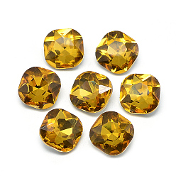 Gold Pointed Back Glass Rhinestone Cabochons, Faceted, Back Plated, Square, Gold, 10x10x4.5mm