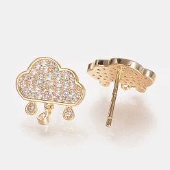 Real 18K Gold Plated Brass Cubic Zirconia Dangle Stud Earrings, Nickel Free, Real 18K Gold Plated, Cloud, 13x13mm, pin: 0.8mm