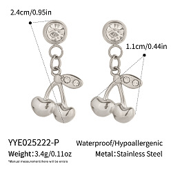 Настоящее золото 18K 304 серьги-гвоздики с подвесками в виде вишен из нержавеющей стали, с четким кубического циркония, реальный 18 k позолоченный, 24x11 мм