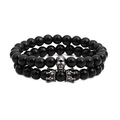 Black suit Skull Crown Bracelet with Micro Pave Zirconia and 8mm Black Agate Stone Set for Men's Fashion Jewelry