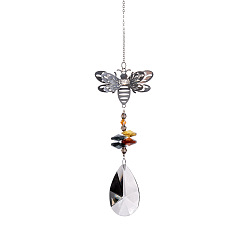 Teardrop Glass Bicone Pendant Decorations, Hanging Suncatchers, with Iron Findings and Bees Link, for Garden Window Decoration, Teardrop, 330x50mm