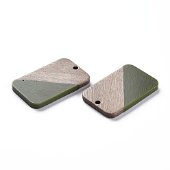 Olive Drab Opaque Resin & Walnut Wood Pendants, Two Tone, Rectangle, Olive Drab, 32.5x21x3mm, Hole: 2mm