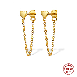 Real 18K Gold Plated 925 Sterling Silver Heart Stud Earrings, Chains Front Back Stud Earrings, with 925 Stamp, Real 18K Gold Plated, 24mm
