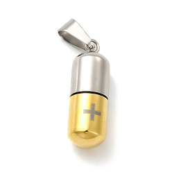 Golden & Stainless Steel Color Ion Plating(IP) 304 Stainless Steel Openable Capsule Pill Box Pendants, Medical Cross Pill Container Charms with Snap on Bails for Jewelry Necklace Making, Golden & Stainless Steel Color, 28x9mm, Hole: 9x4mm