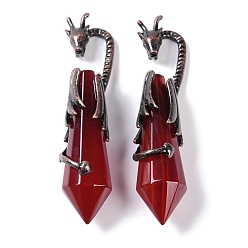 Красный Агат Большие подвески с граненой заостренной пулей из натурального сердолика (окрашенного и нагретого), стойка с латунными подвесками в виде дракона, без свинца и без кадмия, Красная медь, 73.5~78.5x15.5~16.5x15.5~16.5 мм, отверстие : 4x2.5 мм