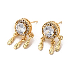 Real 18K Gold Plated Rack Plating Brass Micro Pave Cubic Zirconia Stud Earring for Women, Glass Woven Net/Web with Feather Dangle Earrings, Long-Lasting Plated, Cadmium Free & Lead Free, Real 18K Gold Plated, 17x11mm, Pin: 0.7mm