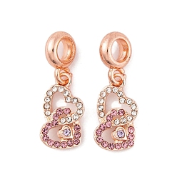 Розовое Золото Стойки с покрытием из сплава с кристаллами и светло-розовыми стразами, европейские подвески с подвесками, подвески с двойным сердцем и большими отверстиями, розовое золото , 27 мм, Сердце: 17.5x9.5x2 mm, отверстие : 4.5 мм