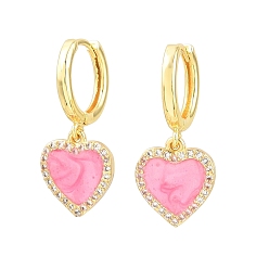 Pink Boucles d'oreilles créoles pendantes en laiton serties de micro-pavés de zirconiums cubiques, cœur, avec l'émail, sans plomb et sans cadmium, crémaillère plaquage, plaqué longue durée, réel 18 k plaqué or, rose, 28x12mm