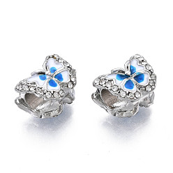 Платина Стойки покрытие сплава европейские шарики, бусины с большим отверстием, с хрустальными стразами и эмалью белого и королевского синего цвета, без кадмия, без никеля и без свинца, бабочка, платина, 9x12.5x9 мм, отверстие : 4.5 мм