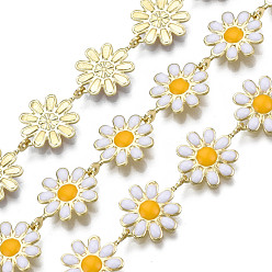 White Brass Flower Link Chains, with Enamel, Unwelded, Real 16K Gold Plated, White, 13.5~14x9.5~10x1mm
