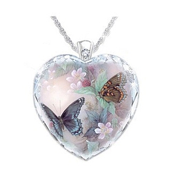 Thistle Heart Glass Pendant Necklaces with Rhinestone, with Platinum Alloy Chains, Thistle, Pendant: 23x25mm