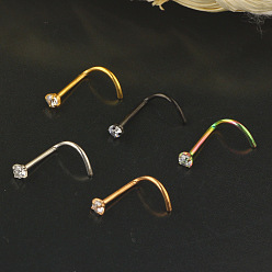 Нержавеющая Сталь Цвет 304 плоские круглые кольца для носа в форме рыбьего хвоста из нержавеющей стали с микропаве из прозрачного кубического циркония, цвет нержавеющей стали, 7 мм, штифты : 0.8 мм, Руководитель: 3 mm