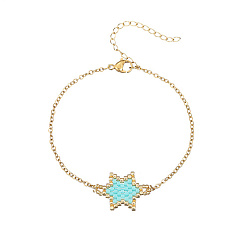 Aquamarine Glass Seed Beaded Star Link Bracelet with Golden Stainless Steel Cable Chains, Aquamarine, 7-7/8 inch(20cm)