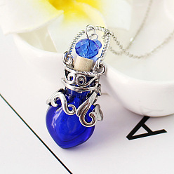 Dark Blue Lampwork Perfume Bottle Pendant Necklace, Platinum Titanium Steel Jewelry for Women, Dark Blue, 17.72 inch(45cm)