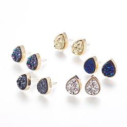 Mixed Color Brass Stud Earrings, with Druzy Resin Cabochons, teardrop, Golden, Mixed Color, 14.5x11.5x4~6mm, Pin: 0.8mm