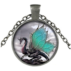 Gunmetal Turquoise Dragon Theme Glass Flat Round Pendant Necklace with Alloy Chains, Gunmetal, 27.56 inch(70cm)