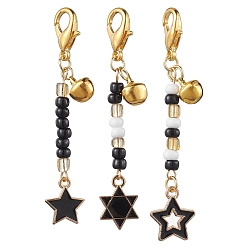 Black 3Pcs Alloy Enamel Pendant Decorations, with Glass Beads and Zinc Alloy Lobster Claw Clasps, Black, 65~70mm, 3pcs/set