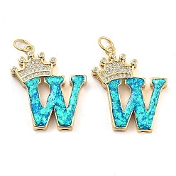 Letter W Латунные микропаве прозрачные подвески с фианитом, с синтетическим опалом, реальный 18 k позолоченный, с целью перехода в кольце, Буква W, 26.5~33x14~23.5x3.5~4.5 мм, отверстие : 4.5 мм