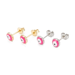 Deep Pink Brass Enamel Stud Earrings, Long-Lasting Plated, Flat Round with Evil Eye, Real Gold Plated & Real Platinum Plated, Mixed Color, Deep Pink, 6x2.5mm, Pin: 0.8mm