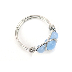 Aquamarine Natural Aquamarine Round Braided Bead Style Finger Ring, Platinum Brass Wire Wrap Ring, Inner Diameter: 18mm