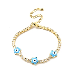Deep Sky Blue Flower with Evil Eye Enamel Link Bracelet with Clear Cubic Zirconia Tennis Chains, Gold Plated Brass Jewelry for Women, Cadmium Free & Lead Free, Deep Sky Blue, 6-7/8 inch(17.5cm)