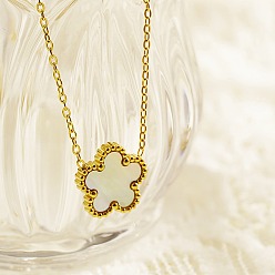 Light Grey Golden Stainless Steel Flower Pendant Necklaces with Natural Shell for Women, Light Grey, 16.54 inch(42cm)