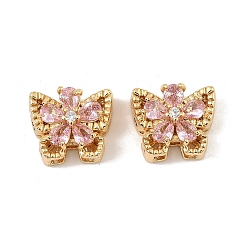 Pink Латунные микро проложить кубического циркония бусы, бабочка, реальный 18 k позолоченный, розовые, 11x13x7 мм, отверстие : 1.4 мм