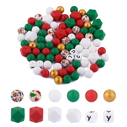Mixed Color 101Pcs Christmas Silicone Beads, DIY Nursing Necklaces and Bracelets Making, Chewing Pendants For Teethers, Round & Hexagon & Letter, Mixed Color, 12~17mm