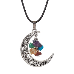 Antique Silver Tibetan Style Alloy Moon Pendant Necklace, Natural & Synthetic Mixed Gemstone Chips Chakra Theme Necklace, Antique Silver, 17.83 inch(45.3cm)