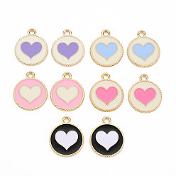 Mixed Color Light Gold Alloy Enamel Pendants, Cadmium Free & Nickel Free & Lead Free, Flat Round with Heart, Mixed Color, 19x15.5x1.5mm, Hole: 1.8mm