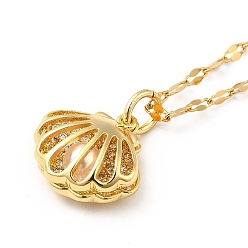 Golden Cubic Zirconia Shell with Resin Pearl Cage Pendant Necklace, Brass Jewelry for Women, Golden, 15.94 inch(40.5cm)
