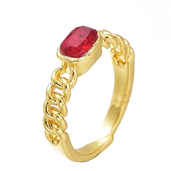 Red Adjustable Brass Micro Pave Cubic Zirconia Cuff Rings, Open Rings, Long-Lasting Plated, Rectangle, Golden, Red, US Size 6(16.5mm)
