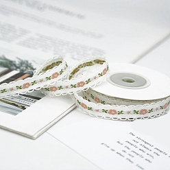 White Polyester Jacquard Ribbon, Double Edge with Loop Trimmings, Flower Pattern, Garment Accessories, White, 3/8 inch(10mm), about 4.92 Yards(4.5m)/Roll