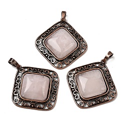 Розовый Кварц Подвески в виде ромбов из натурального розового кварца, с винтажной латунной рамкой красного медного оттенка, 39x36.5x7~8 мм, отверстие : 8.5x5 мм