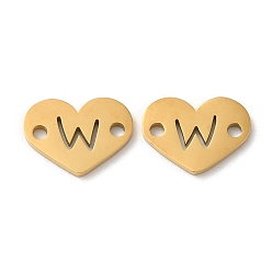 Letter W Ion Plating(IP) 304 Stainless Steel Connector Charms, Heart with Letter, Golden, Letter W, 9x12x1mm, Hole: 1.5mm