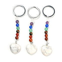 Howlite Natural Howlite Heart Pendant Keychain, with 7 Chakra Gemstone Beads and Platinum Tone Brass Findings, 10cm