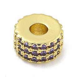 Фиолетовый Обшивка стойки латунь с циркониевыми бусинами, долговечный, без свинца и без кадмия, плоско-круглые, реальный 18 k позолоченный, фиолетовые, 8x4.5 мм, отверстие : 2.5 мм