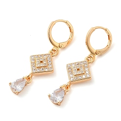 Clear Rack Plating Golden Brass Dangle Leverback Earrings, with Cubic Zirconia, Rhombus, Clear, 39x12mm
