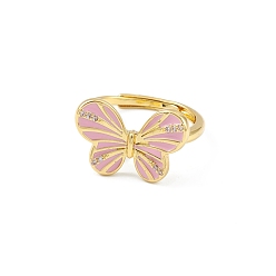 Flamingo Enamel Butterfly Adjustable Ring, Real 18K Gold Plated Brass Jewelry for Women, Lead Free & Cadmium Free, Flamingo, Inner Diameter: 17mm