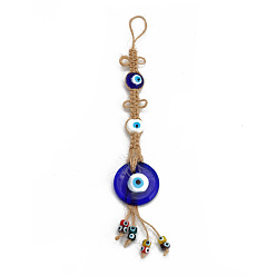 Round Evil Eye Glass Pendant Decorations, Tassel Hemp Rope Hanging Ornament, Royal Blue, Round Pattern, 242mm