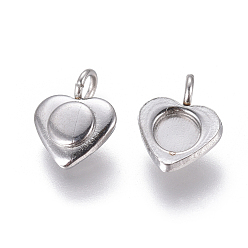 Stainless Steel Color 304 Stainless Steel Pendant Cabochon Settings, Heart, Stainless Steel Color, Tray: 4mm, 10x7.8x2~3.5mm, Hole: 2mm