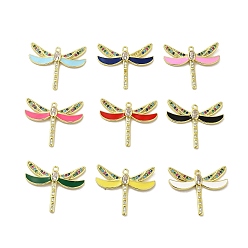 Mixed Color Rack Plating Brass Cubic Zirconia Pendants, with Enamel, Long-Lasting Plated, Lead Free & Cadmium Free, Real 18K Gold Plated, Dragonfly, Mixed Color, 25.5x30x3mm, Hole: 1.6mm
