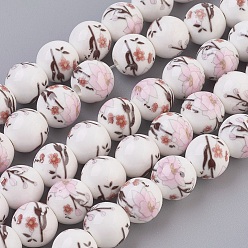 Pink Handmade Flower Printed Porcelain Ceramic Beads Strands, Round, Pink, 10~11mm, Hole: 2mm, about 35pcs/strand, 13.5 inch(34.5cm)