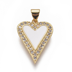White Brass Micro Pave Cubic Zirconia Pendants, with Enamel, Heart, Golden, White, 22x16x2mm, Hole: 5x3.5mm