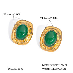 Настоящее золото 18K Овальные серьги-гвоздики из нержавеющей стали, с зеленым агатом из оникса, реальный 18 k позолоченный, 25.4x21.2 мм
